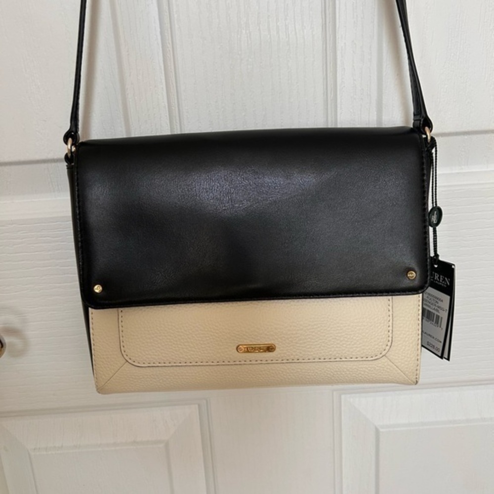 NWT LAUREN RALPH LAUREN Women Leather Shoulder Bag, Black and White